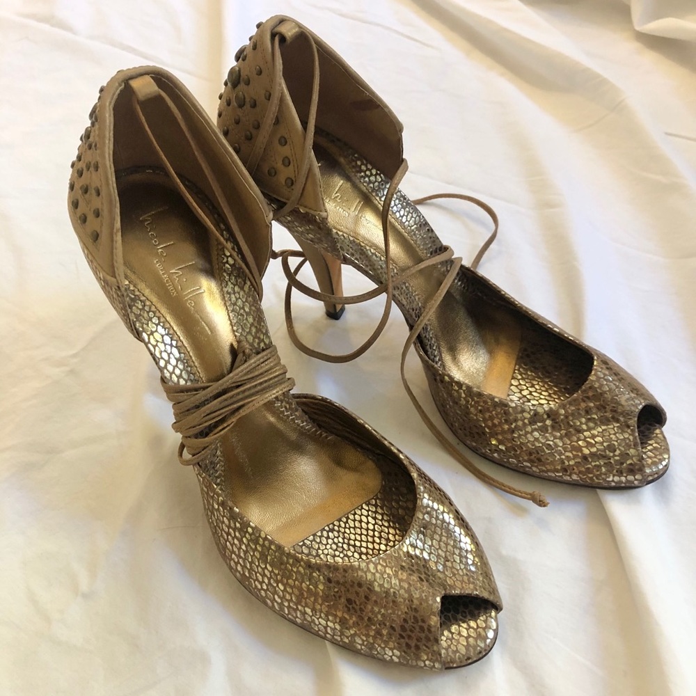 Nicole Miller bronze studded snakeskin heels